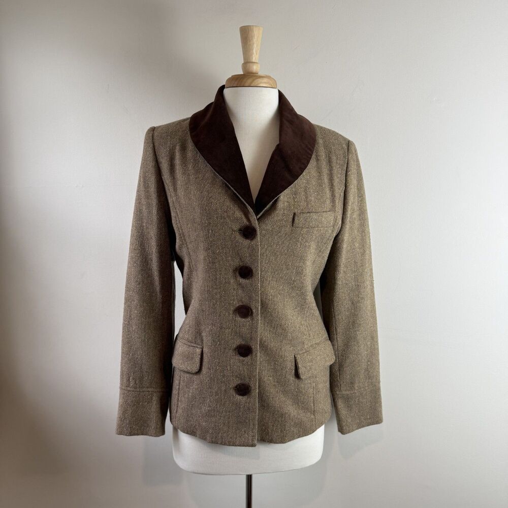 Vintage Tweed Brown Velvet Collar Tailored Blazer | Equestrian, Donegal-Style